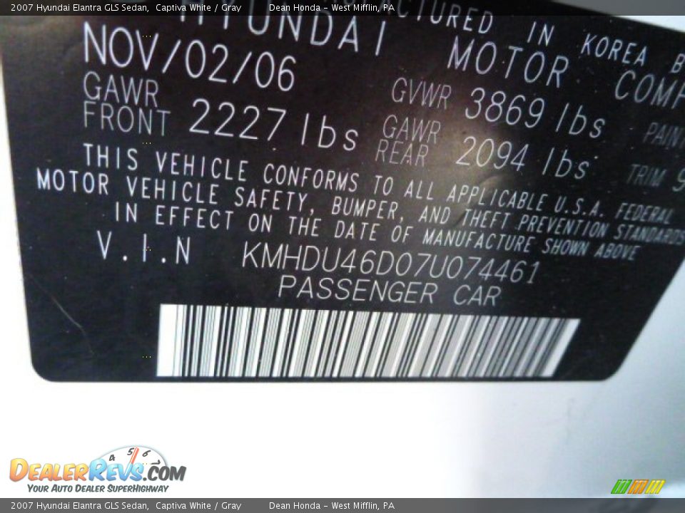 2007 Hyundai Elantra GLS Sedan Captiva White / Gray Photo #17
