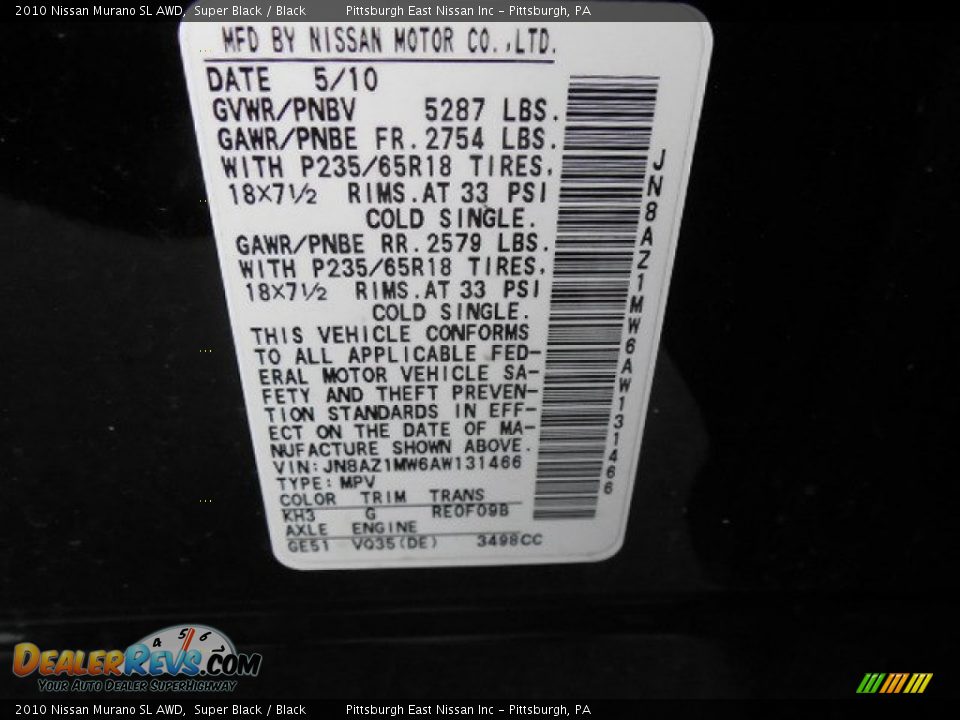 2010 Nissan Murano SL AWD Super Black / Black Photo #14
