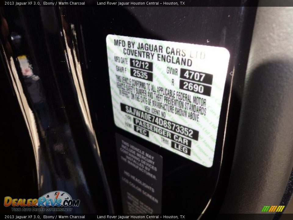 2013 Jaguar XF 3.0 Ebony / Warm Charcoal Photo #20