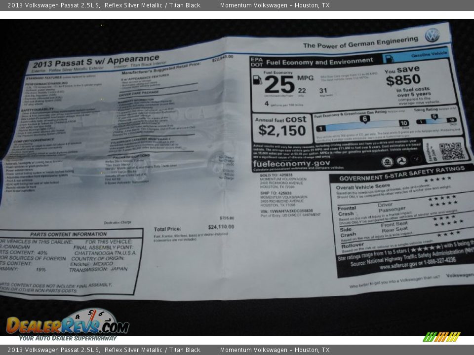 2013 Volkswagen Passat 2.5L S Reflex Silver Metallic / Titan Black Photo #20