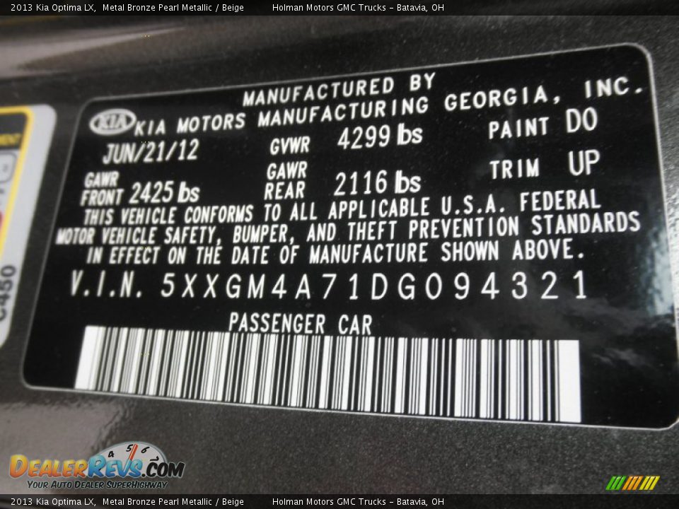 2013 Kia Optima LX Metal Bronze Pearl Metallic / Beige Photo #5