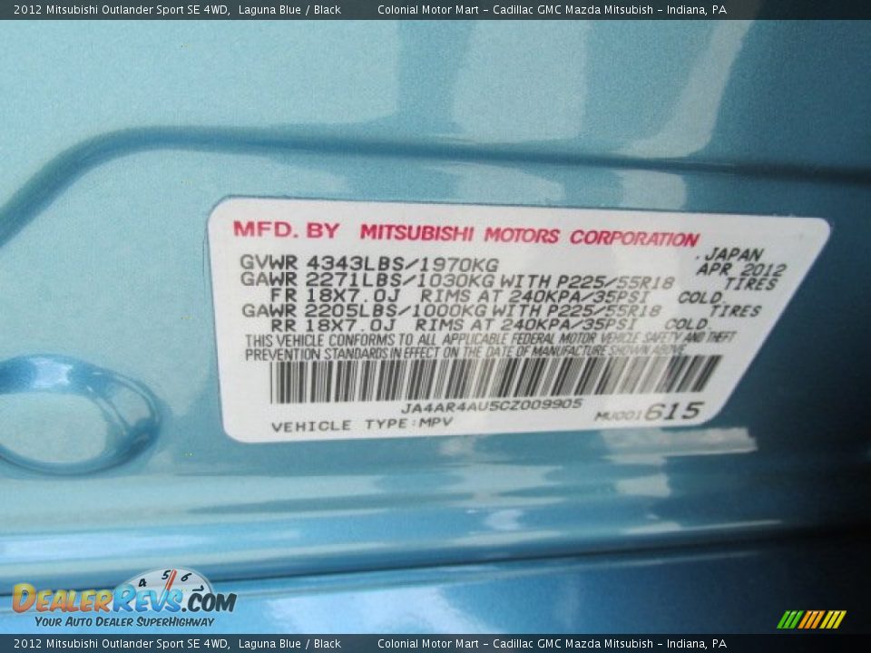 2012 Mitsubishi Outlander Sport SE 4WD Laguna Blue / Black Photo #18