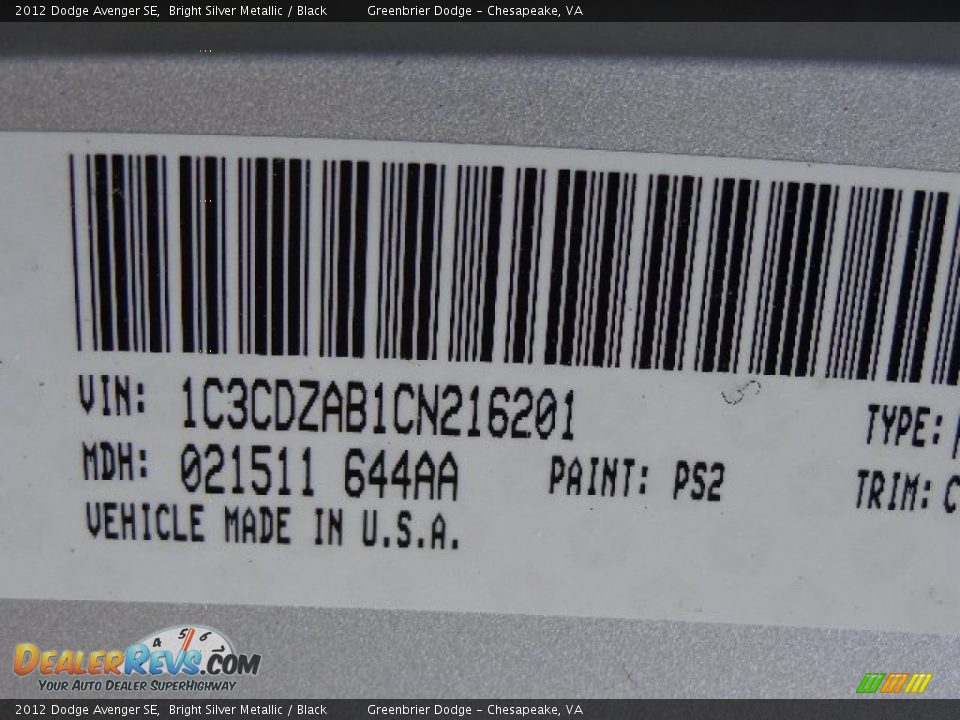 2012 Dodge Avenger SE Bright Silver Metallic / Black Photo #28