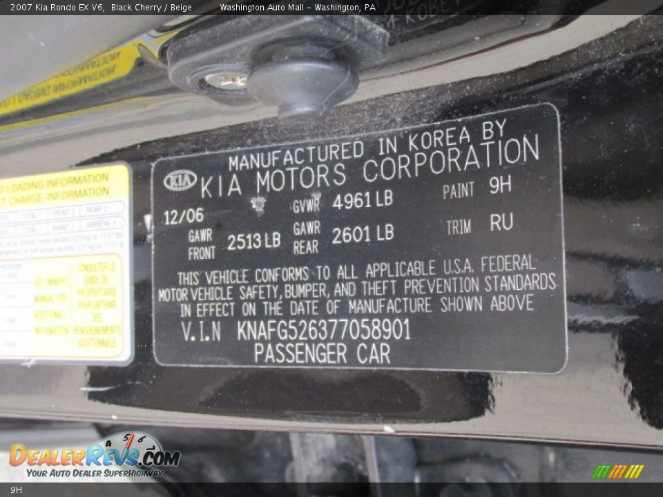 Kia Color Code 9H Black Cherry