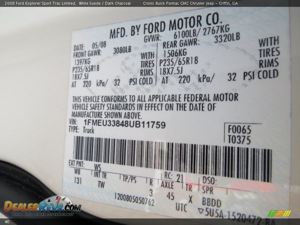 Ford Color Code WS White Suede