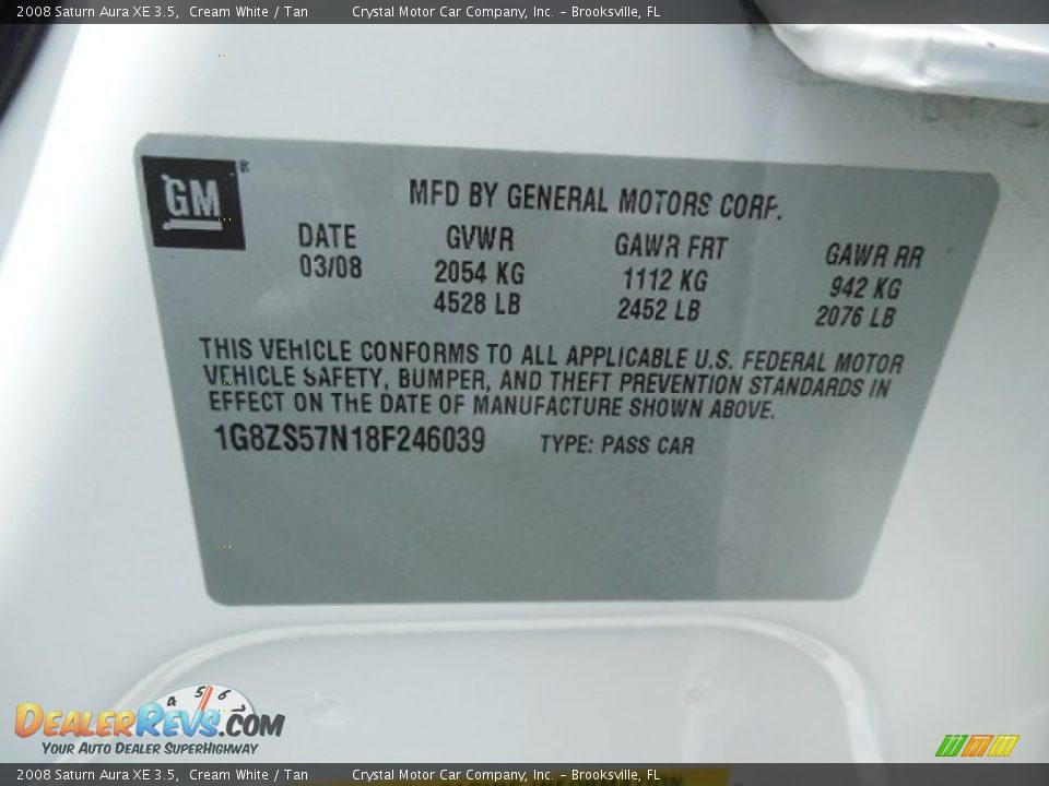 2008 Saturn Aura XE 3.5 Cream White / Tan Photo #22
