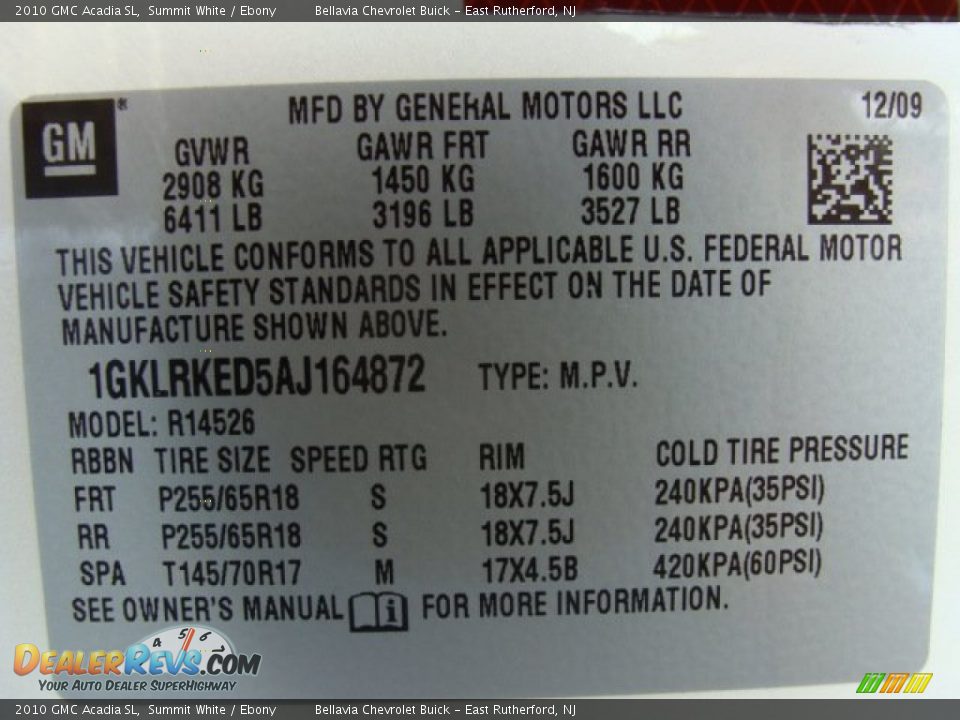 2010 GMC Acadia SL Summit White / Ebony Photo #15