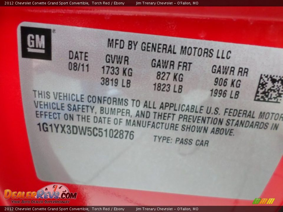 Info Tag of 2012 Chevrolet Corvette Grand Sport Convertible Photo #11