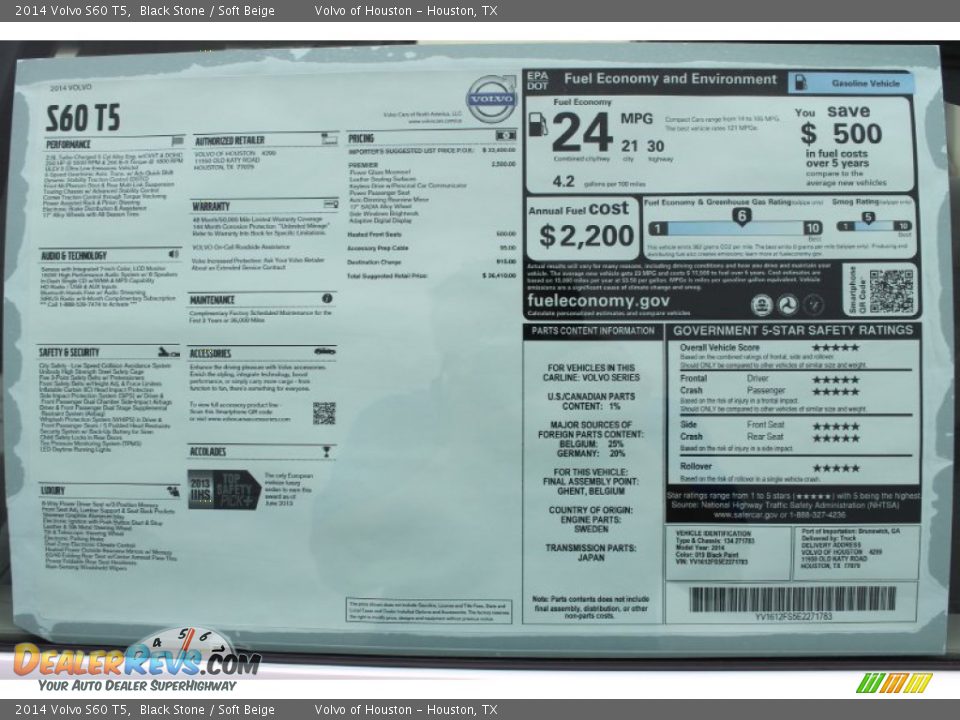 2014 Volvo S60 T5 Window Sticker Photo #15
