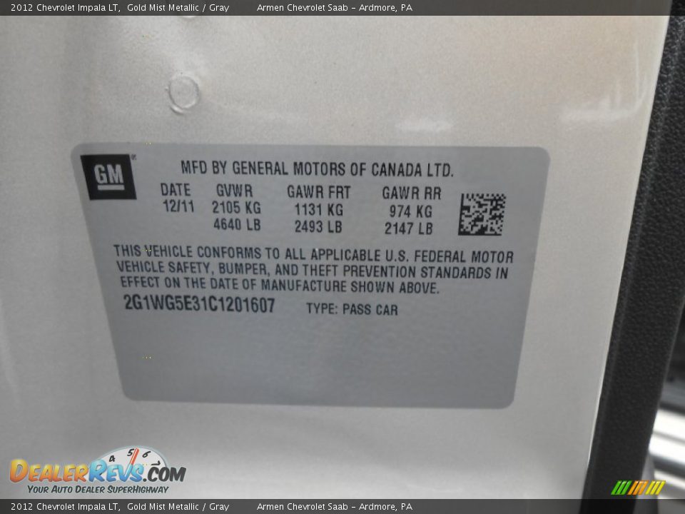 2012 Chevrolet Impala LT Gold Mist Metallic / Gray Photo #26