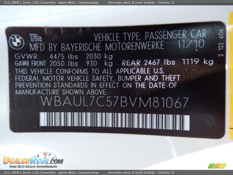 2011 BMW 1 Series 128i Convertible Alpine White / Savanna Beige Photo #31