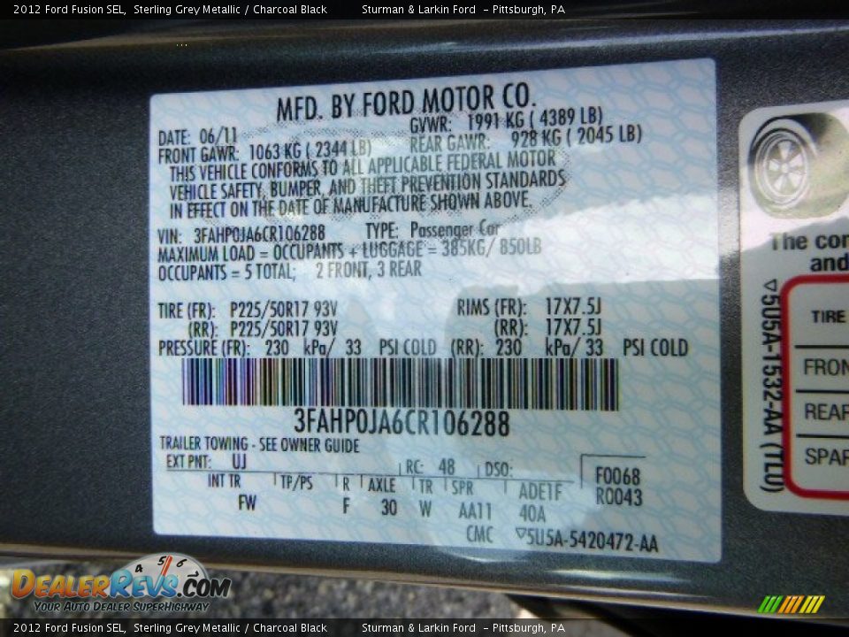2012 Ford Fusion SEL Sterling Grey Metallic / Charcoal Black Photo #14