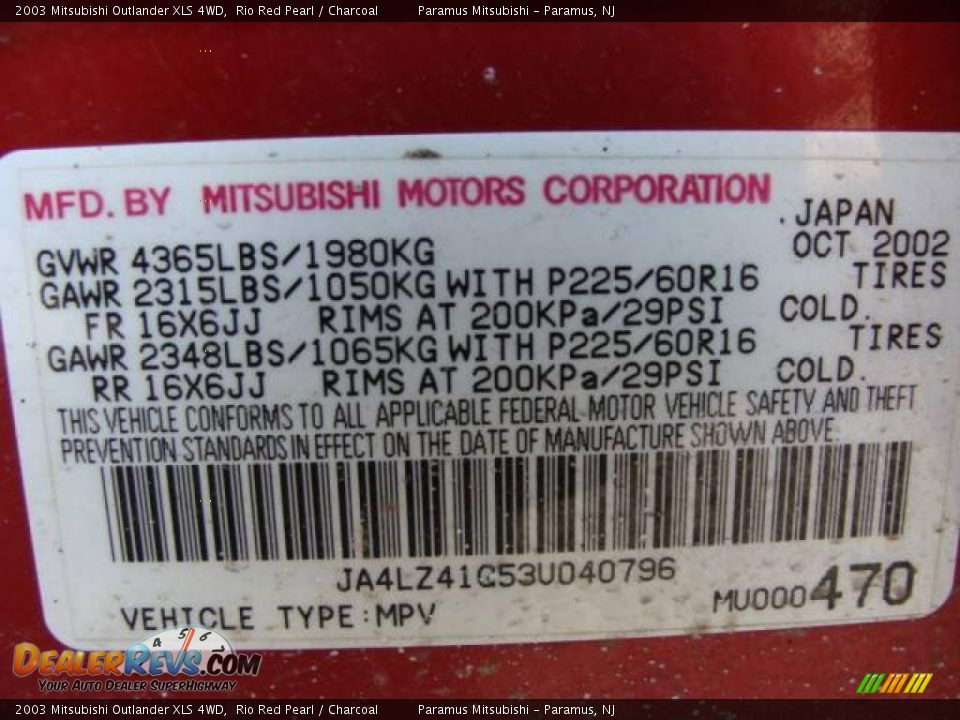 2003 Mitsubishi Outlander XLS 4WD Rio Red Pearl / Charcoal Photo #16