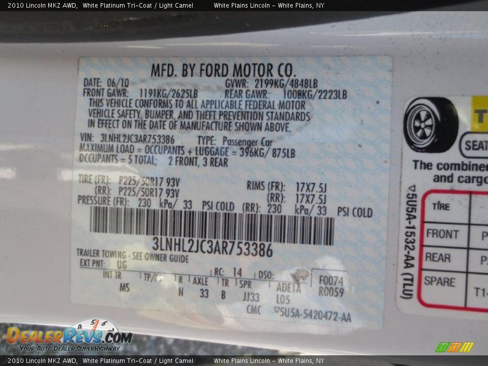 2010 Lincoln MKZ AWD White Platinum Tri-Coat / Light Camel Photo #27