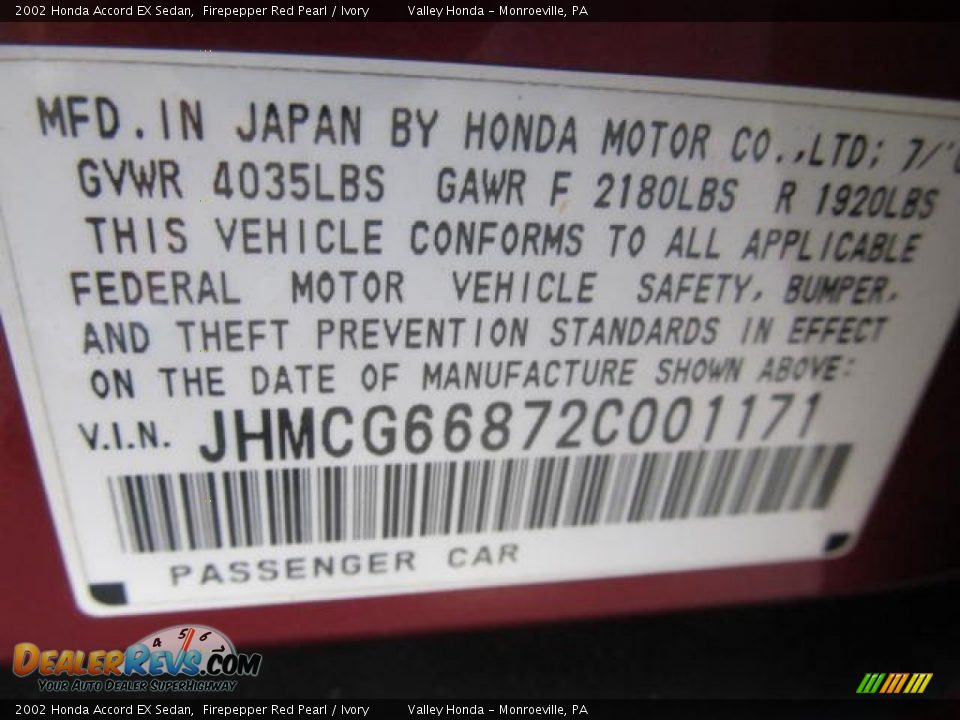 2002 Honda Accord EX Sedan Firepepper Red Pearl / Ivory Photo #13