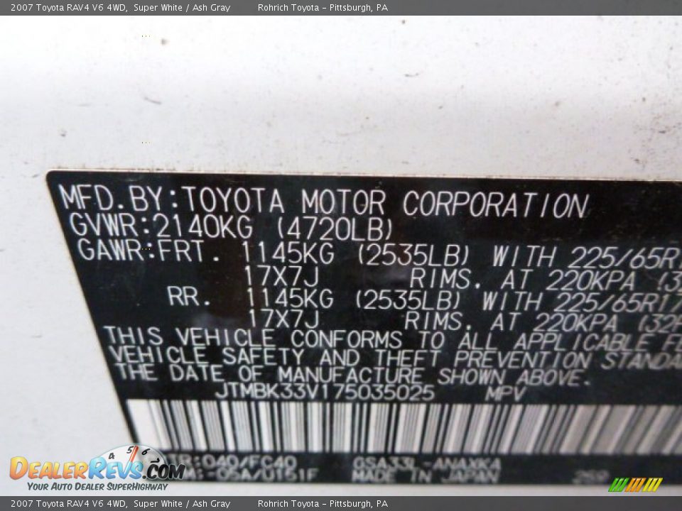 2007 Toyota RAV4 V6 4WD Super White / Ash Gray Photo #20