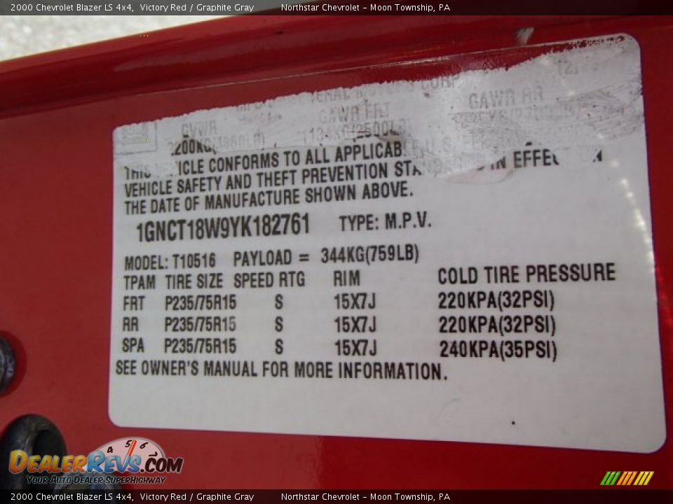 2000 Chevrolet Blazer LS 4x4 Victory Red / Graphite Gray Photo #15