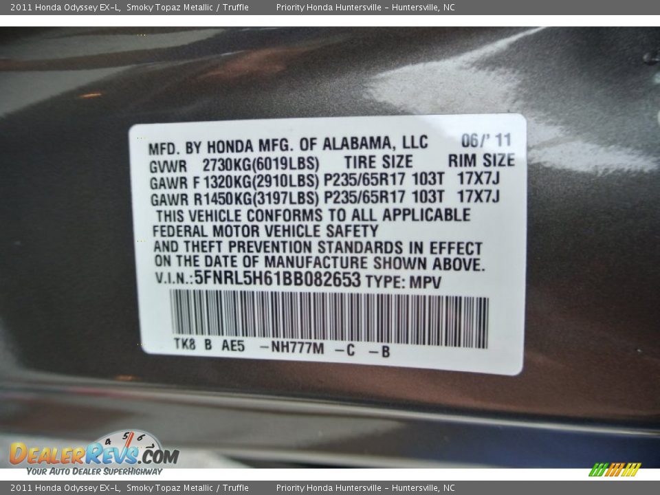 2011 Honda Odyssey EX-L Smoky Topaz Metallic / Truffle Photo #7