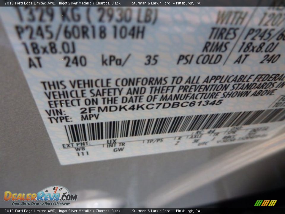 2013 Ford Edge Limited AWD Ingot Silver Metallic / Charcoal Black Photo #13