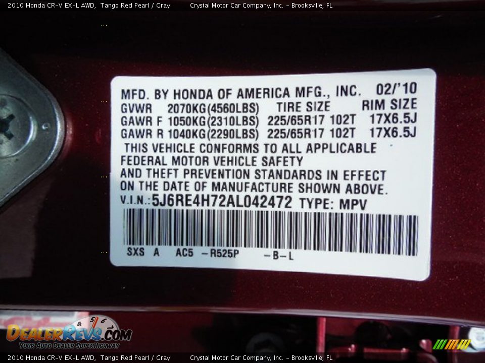 2010 Honda CR-V EX-L AWD Tango Red Pearl / Gray Photo #24