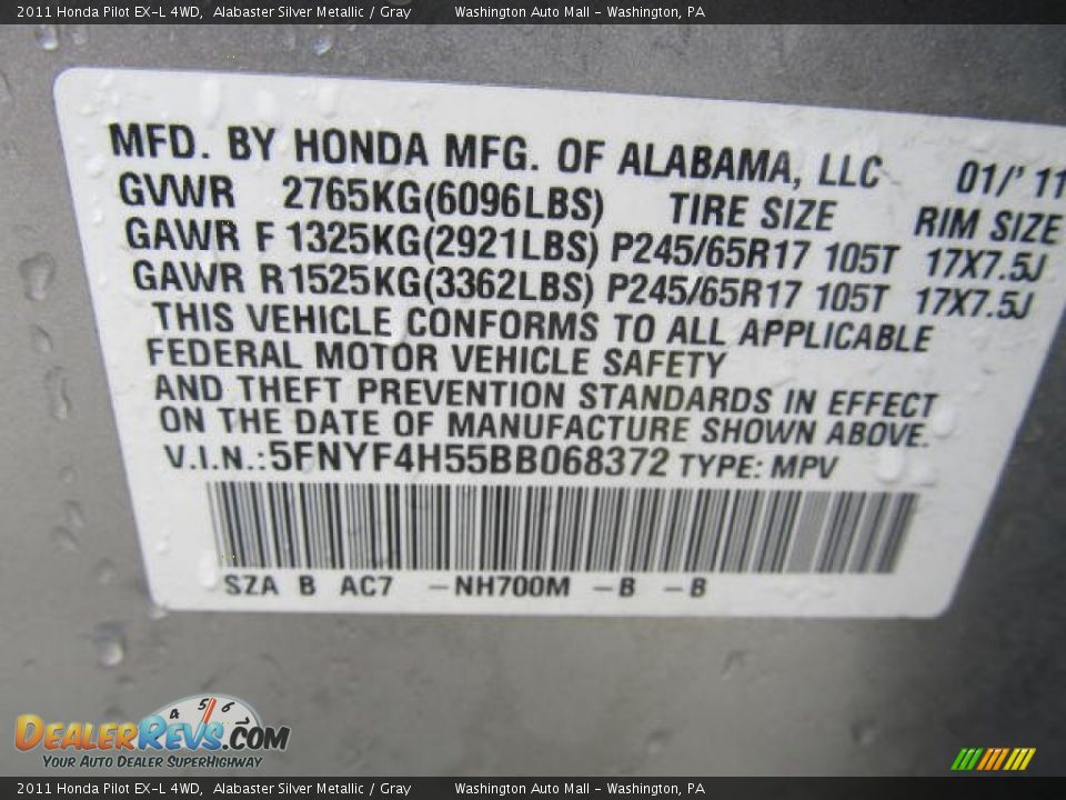 2011 Honda Pilot EX-L 4WD Alabaster Silver Metallic / Gray Photo #19