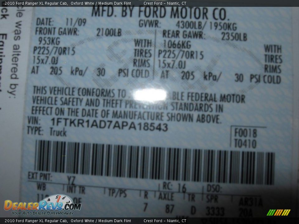 2010 Ford Ranger XL Regular Cab Oxford White / Medium Dark Flint Photo #14