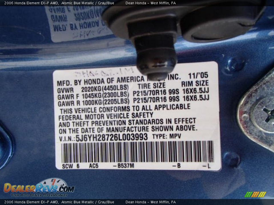 2006 Honda Element EX-P AWD Atomic Blue Metallic / Gray/Blue Photo #20