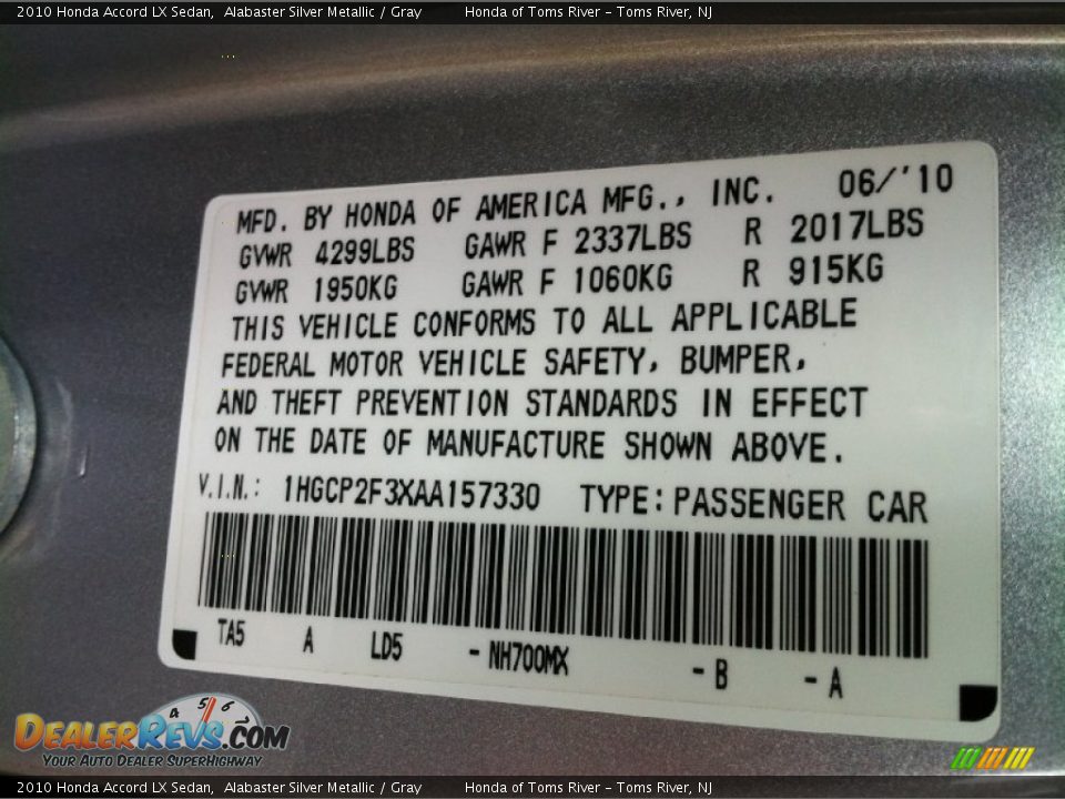2010 Honda Accord LX Sedan Alabaster Silver Metallic / Gray Photo #11