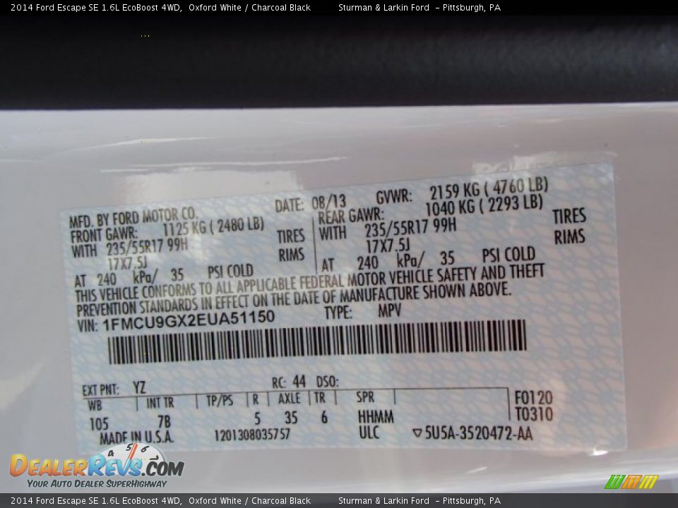 2014 Ford Escape SE 1.6L EcoBoost 4WD Oxford White / Charcoal Black Photo #15