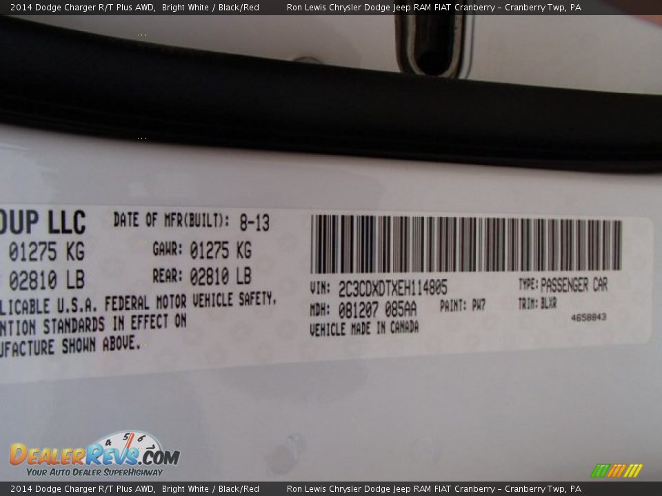 2014 Dodge Charger R/T Plus AWD Bright White / Black/Red Photo #20