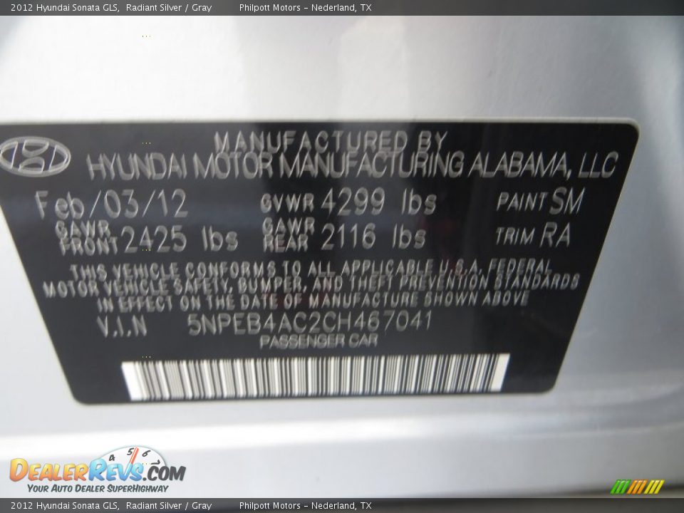 2012 Hyundai Sonata GLS Radiant Silver / Gray Photo #31