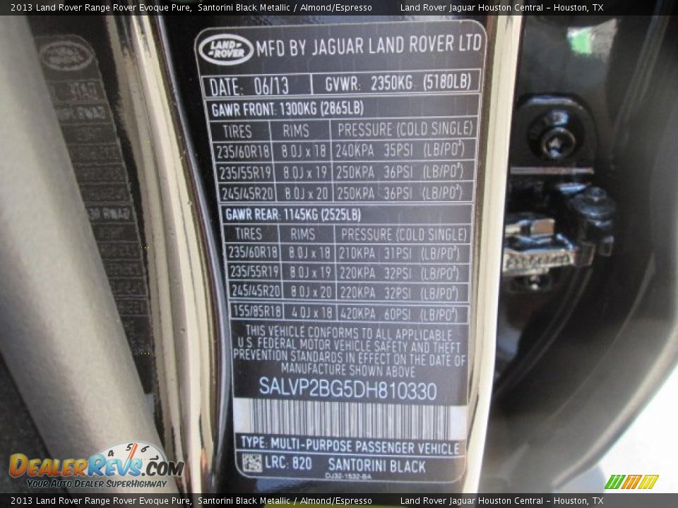 2013 Land Rover Range Rover Evoque Pure Santorini Black Metallic / Almond/Espresso Photo #20