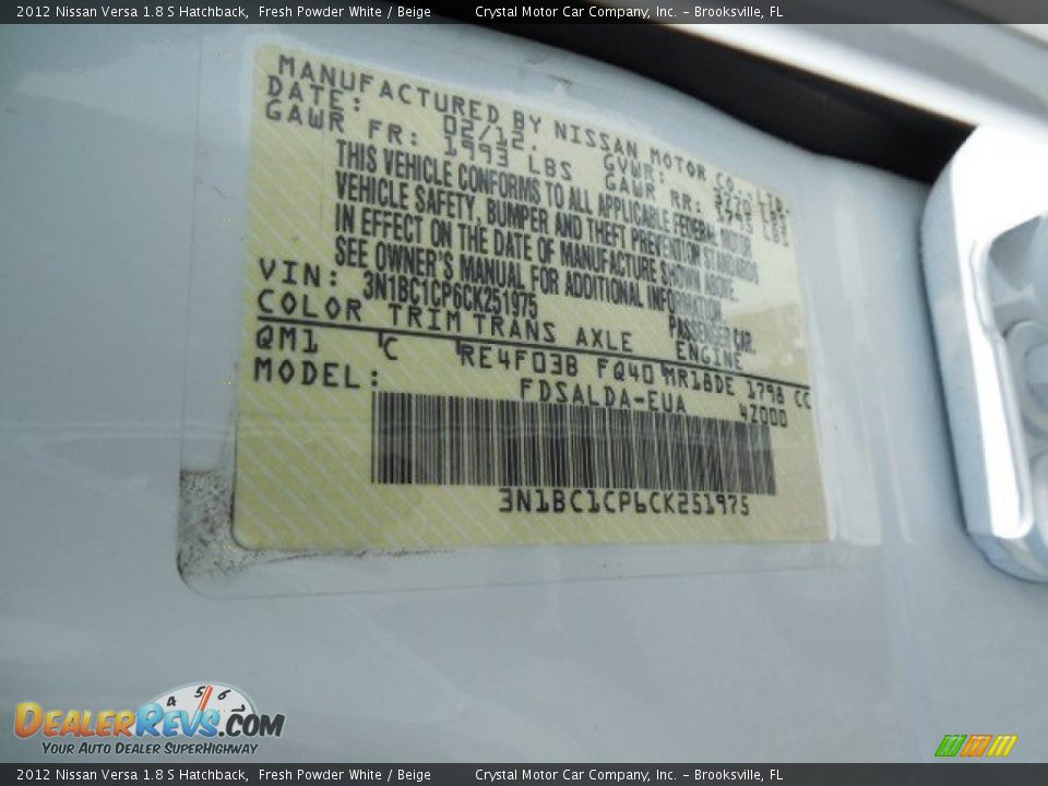 2012 Nissan Versa 1.8 S Hatchback Fresh Powder White / Beige Photo #23