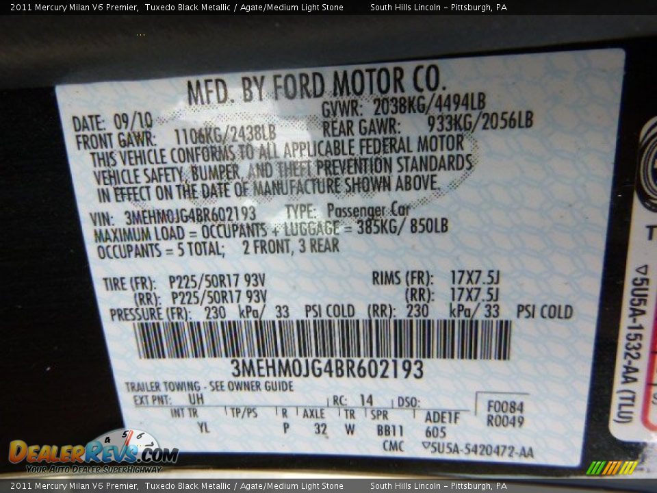 2011 Mercury Milan V6 Premier Tuxedo Black Metallic / Agate/Medium Light Stone Photo #24