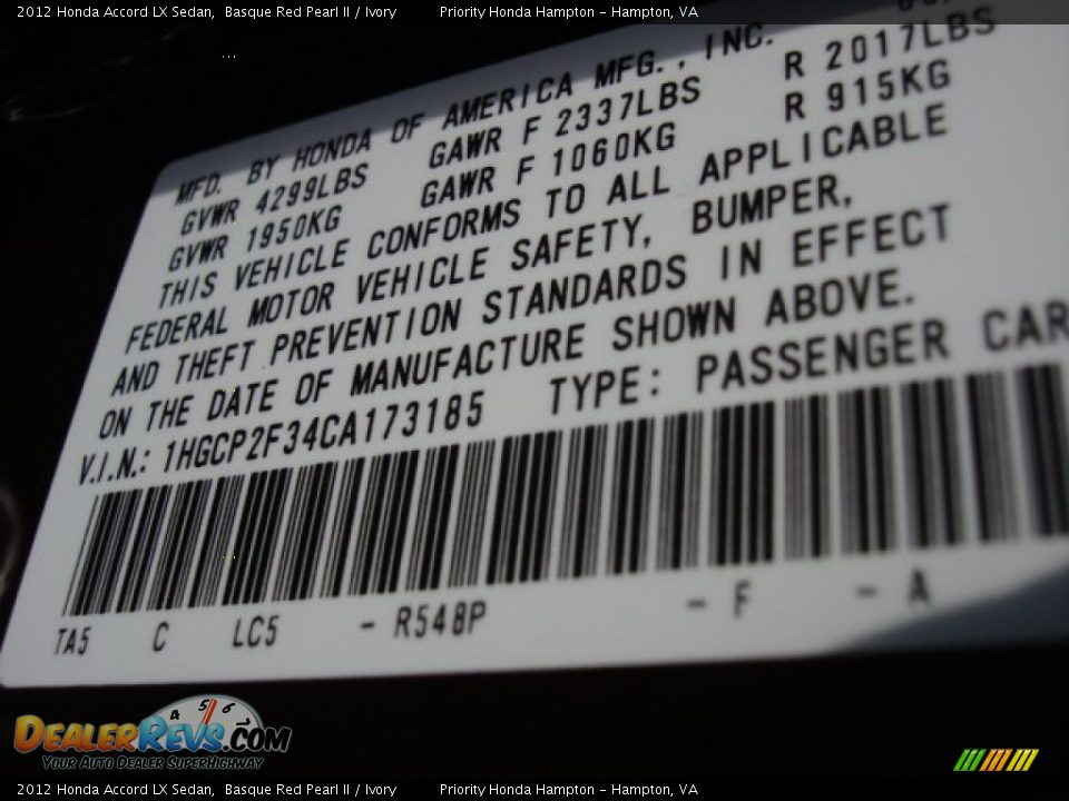 2012 Honda Accord LX Sedan Basque Red Pearl II / Ivory Photo #25