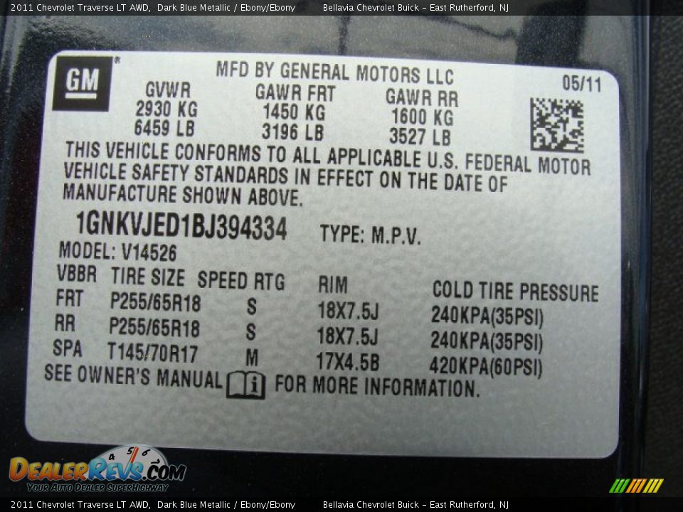 2011 Chevrolet Traverse LT AWD Dark Blue Metallic / Ebony/Ebony Photo #15