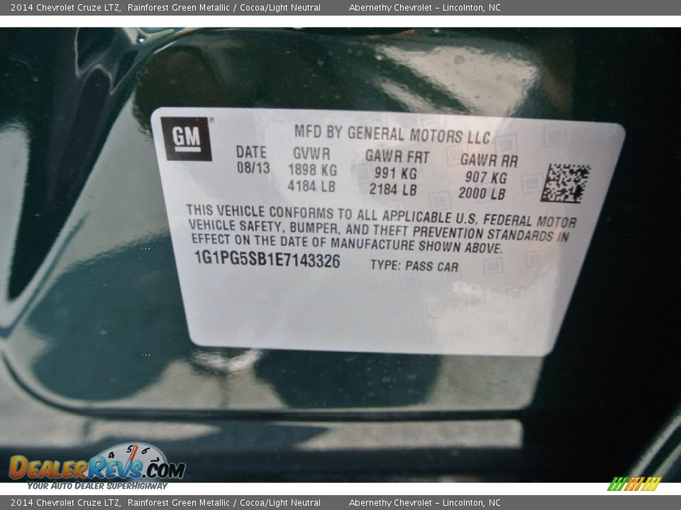 Info Tag of 2014 Chevrolet Cruze LTZ Photo #7