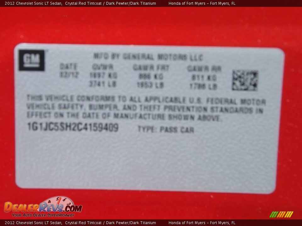 2012 Chevrolet Sonic LT Sedan Crystal Red Tintcoat / Dark Pewter/Dark Titanium Photo #35