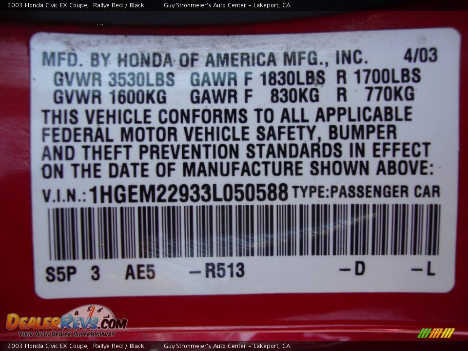 2003 Honda Civic EX Coupe Rallye Red / Black Photo #24