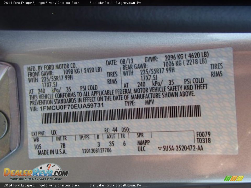 2014 Ford Escape S Ingot Silver / Charcoal Black Photo #25