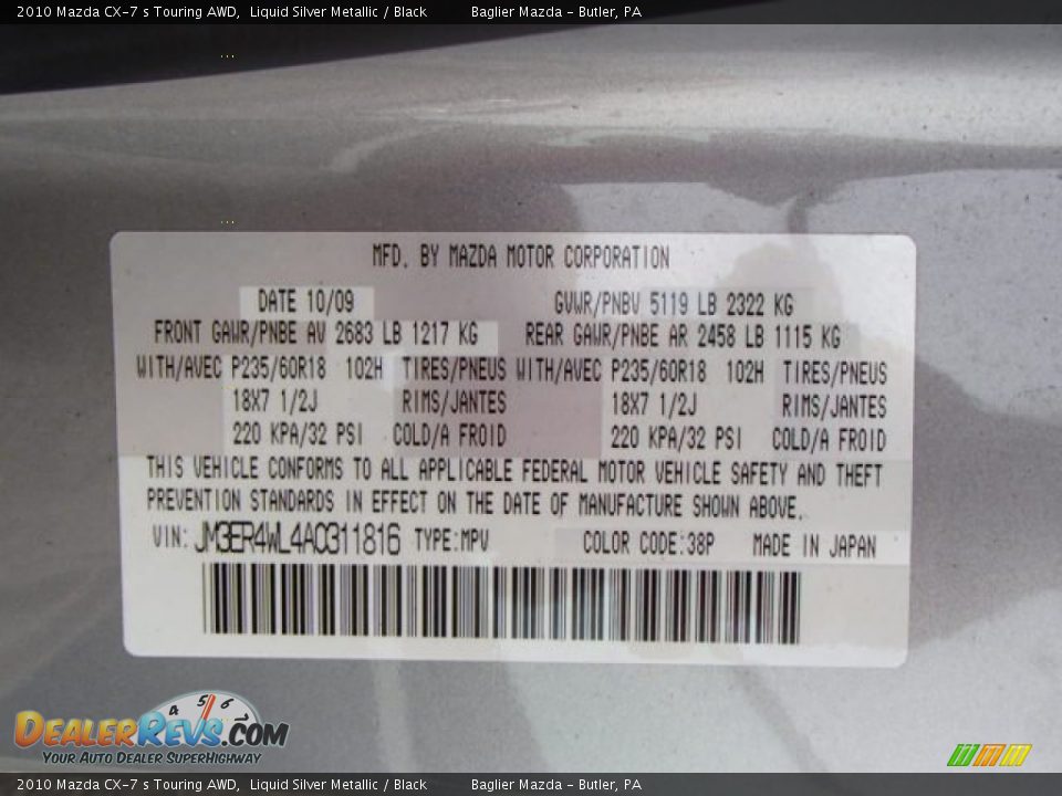 2010 Mazda CX-7 s Touring AWD Liquid Silver Metallic / Black Photo #25