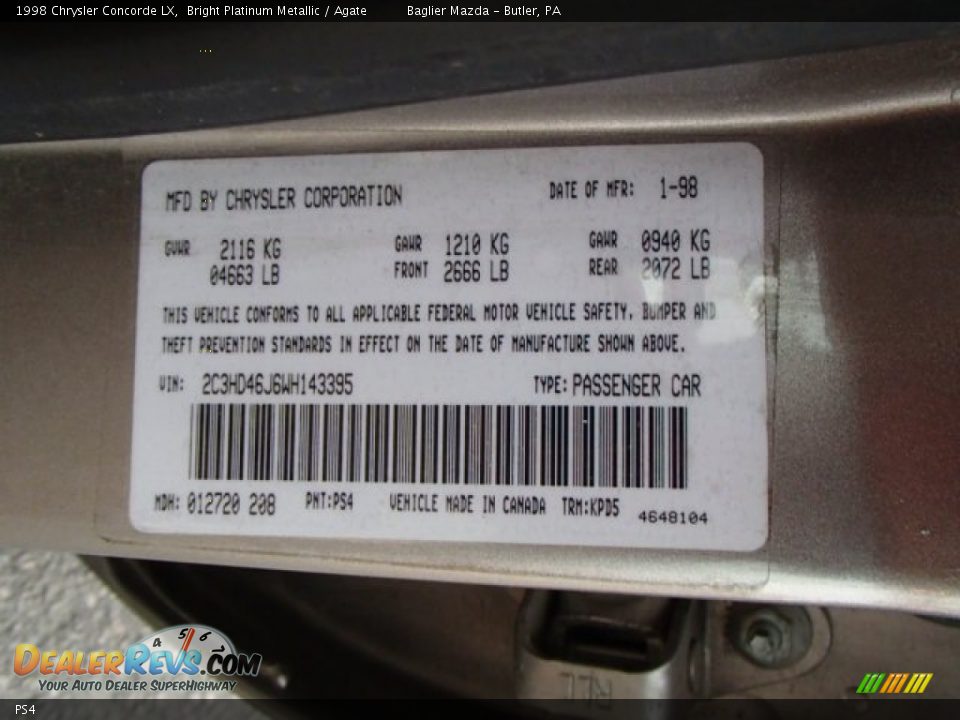 Chrysler Color Code PS4 Bright Platinum Metallic