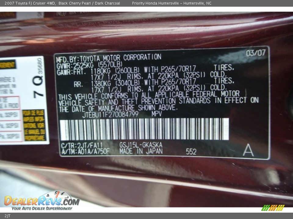 Toyota Color Code 2JT Black Cherry Pearl