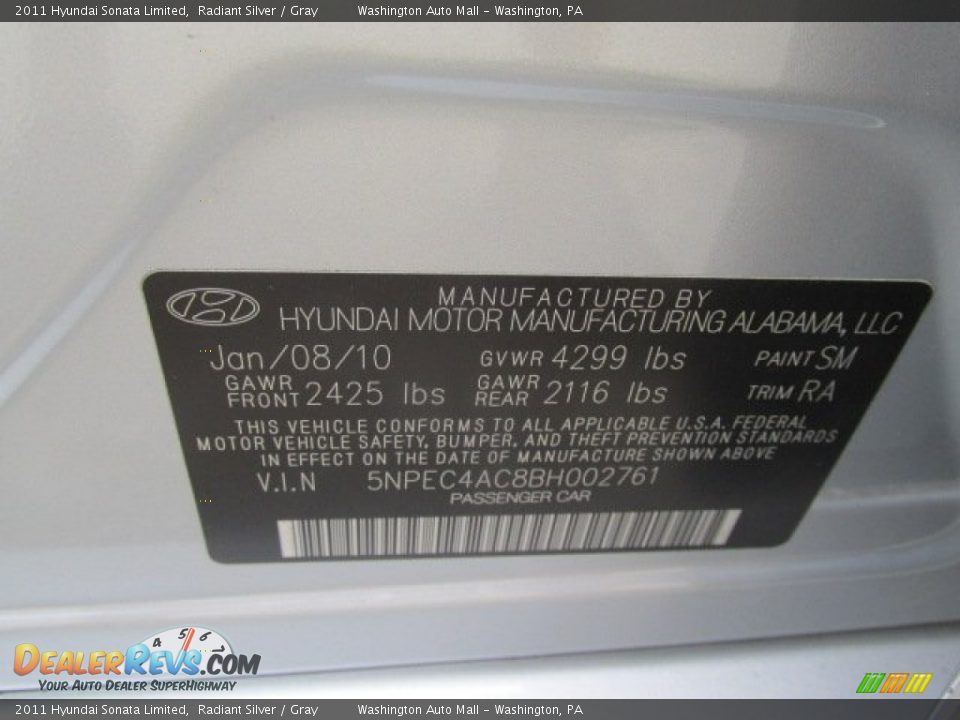2011 Hyundai Sonata Limited Radiant Silver / Gray Photo #20