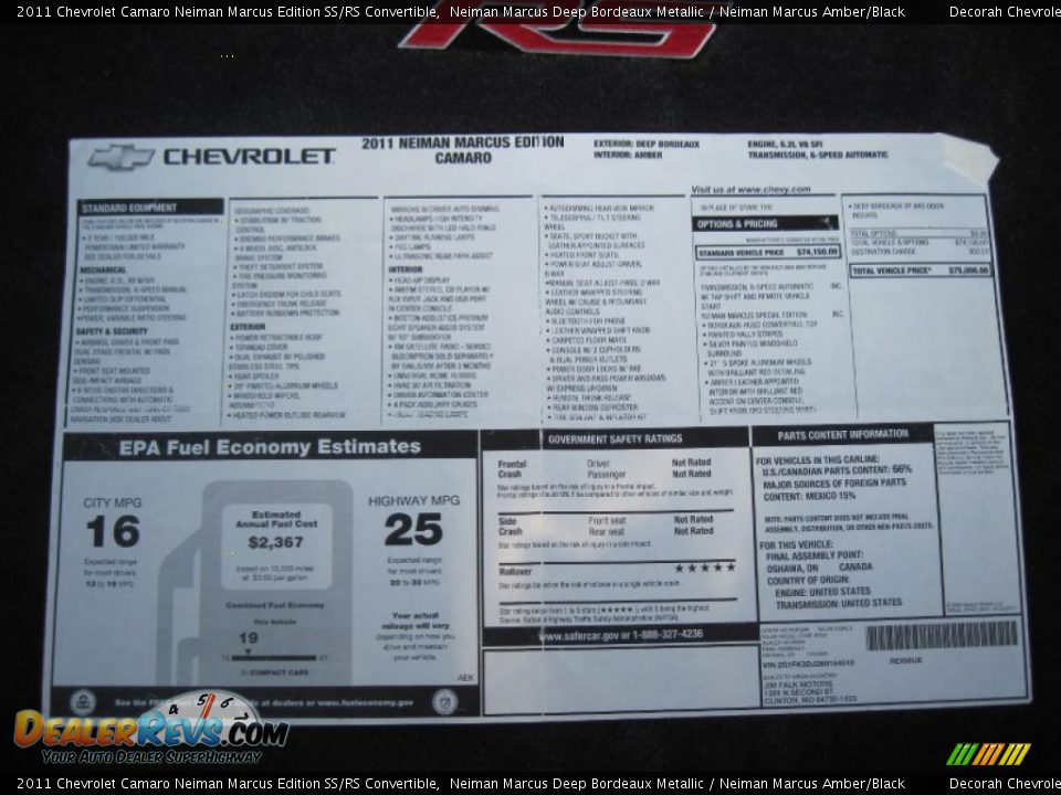 2011 Chevrolet Camaro Neiman Marcus Edition SS/RS Convertible Window Sticker Photo #25