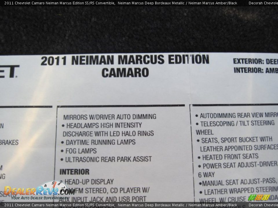 2011 Chevrolet Camaro Neiman Marcus Edition SS/RS Convertible Window Sticker Photo #26