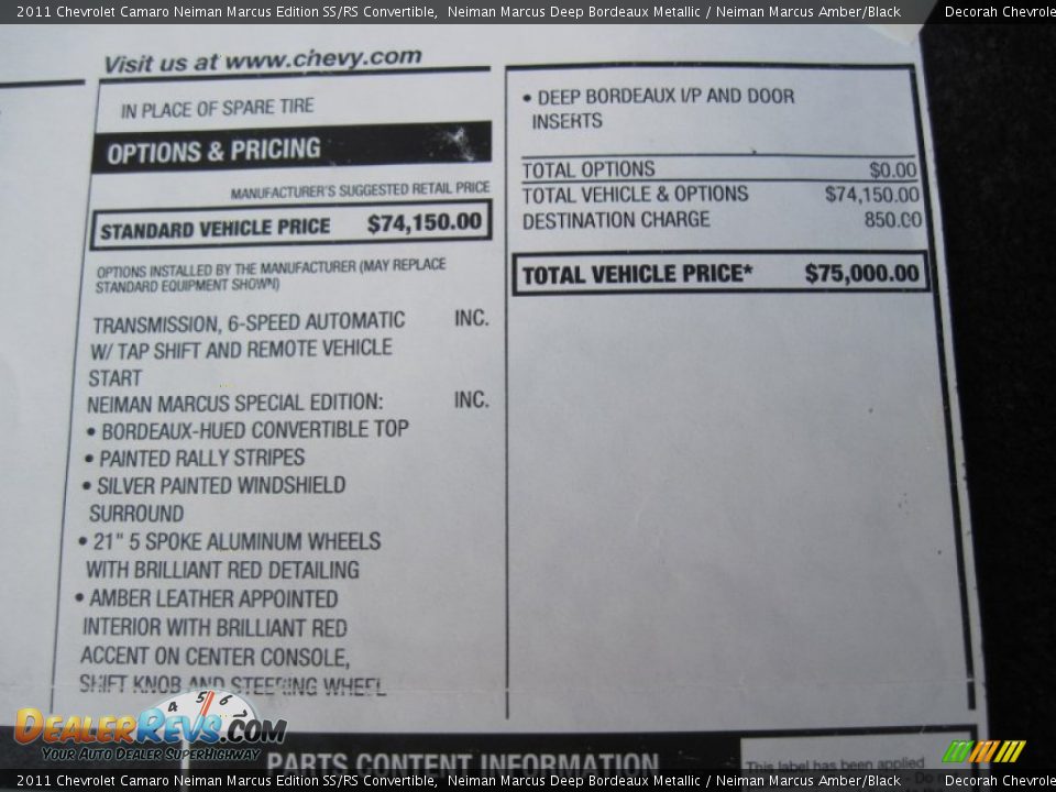 2011 Chevrolet Camaro Neiman Marcus Edition SS/RS Convertible Window Sticker Photo #27