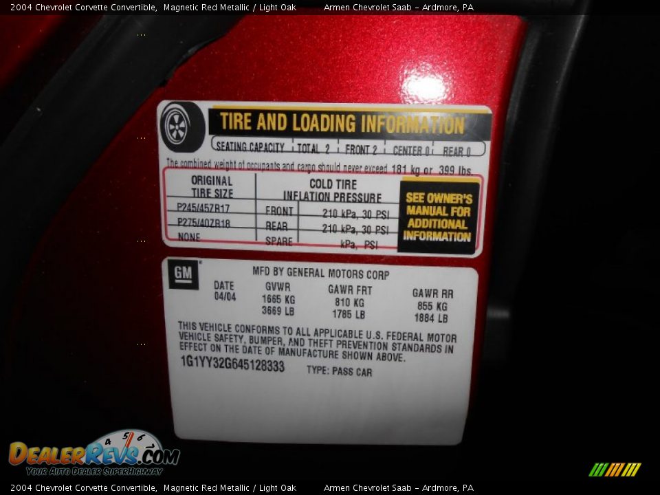 Info Tag of 2004 Chevrolet Corvette Convertible Photo #19