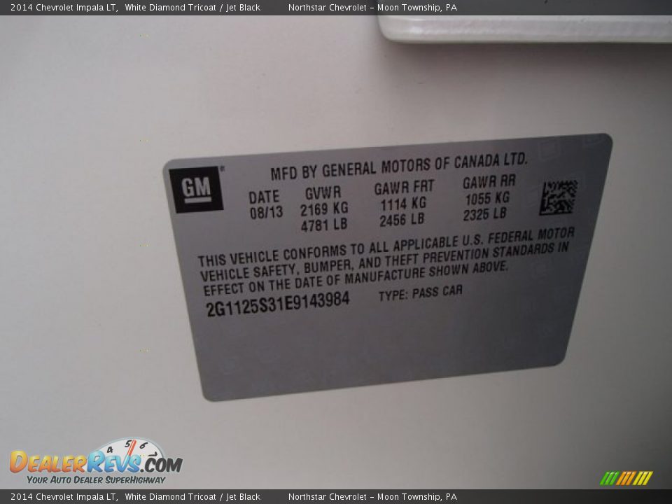 2014 Chevrolet Impala LT White Diamond Tricoat / Jet Black Photo #20