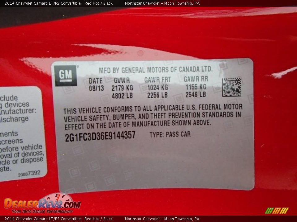 Info Tag of 2014 Chevrolet Camaro LT/RS Convertible Photo #20